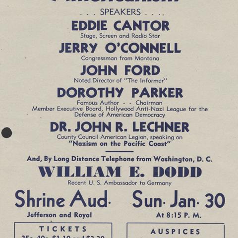 Nazi resistance rally flier, circa 1938. Jewish Federation Council of Greater Los Angeles, Community Relations Committee Collection Part 2