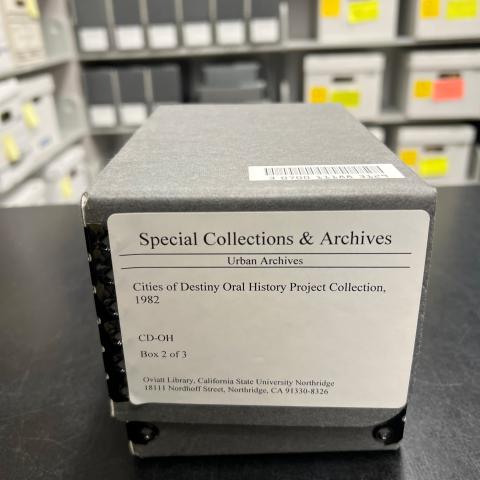 Archival box housing Vinod Sodhi's oral history interview cassette tape 