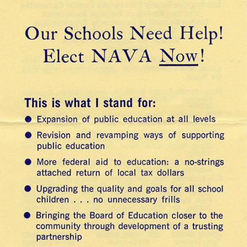 Flier promoting the election of Dr. Julian Nava to the Board of Education. Julian Nava Collection