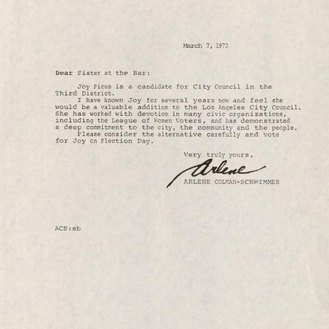 Endorsement letter for Joy Picus as a candidate for LA City Council, 1973