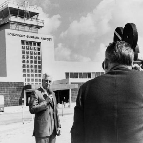 Lockheed Air Terminal President Louis W. Wulfekuhler announcing that Lockheed Air Terminal has changed its name to Hollywood-Burbank Airport, 1967