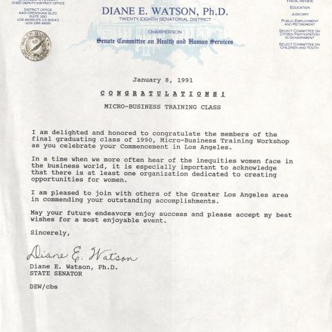 Letter from Senator Diane E. Wilson commending CWED and its graduates, January 8, 1991