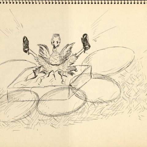 A sketch by Gilbert for her co-written musical, Mr. Chick Tapp, showing the tap dancing chick hatching from its square egg