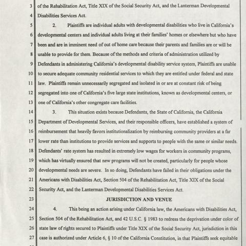 A draft of a rights class action suit, circa 2000, regarding inadequate compensation of community service workers for the disabled. The case was later named Sanchez v. Johnson, for which Harvey and Connie Lapin were co-plaintiffs.