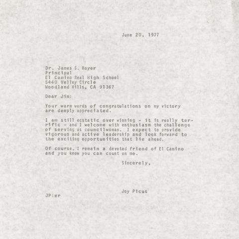Congratulation letter response, June 20, 1977