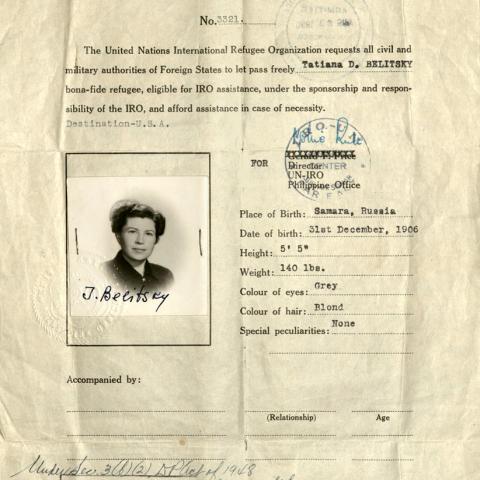 Dr. Tatiana Belitsky’s United Nations International Refugee Organization Certificate of Travel, August 28, 1950