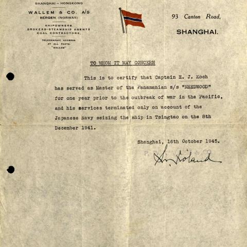 Letter Mentioning World War II Ship Seizure, 1945