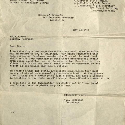 Letter from the U.S. Department of Health Regarding Belitsky’s Dental License, 1951