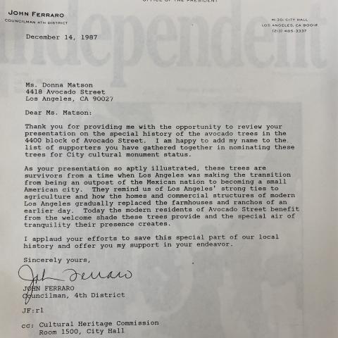 Letter from Councilman John Ferraro supporting the preservation of the trees