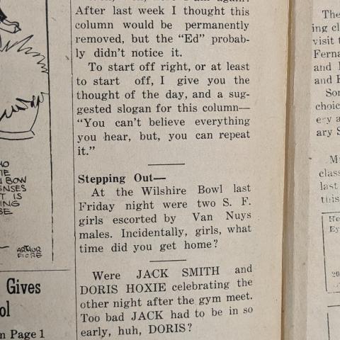 Huffs and Puffs by Ima Windbag, gossip column, The Whirlwind, February 29, 1940, Baldwin-Shaffner Family Collection
