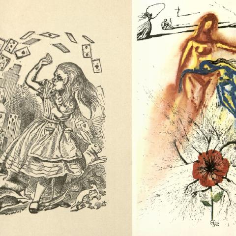 Side-by-side, John Tenniel and Salvador Dalí’s drawing from chapter 12, Alice’s Evidence in Alice‘s Adventures in Wonderland