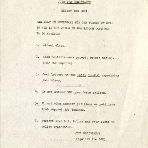 Flyer, Resist the B.S.U, ca. March 18, 1969