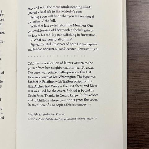 Final page of Cat Letters: the Correspondence of an Ailurophile by Jean Krenzer, PS3561.R387 C3 1989