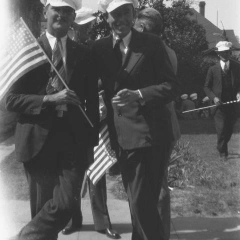 Homer Halverson (right) and friend at the Los Angeles City Hall Dedication, 1928 April 26