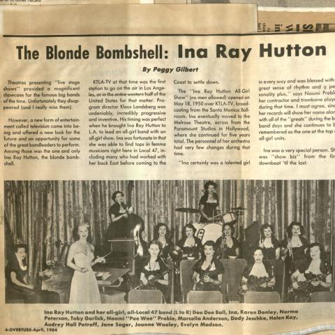 Ina Ray Hutton article, April 1984. Peggy Gilbert Collection