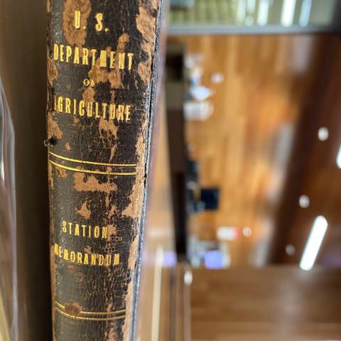 Spine of the Brawley, California Weather Station Logbook, "US Department of Agriculture, Station Memorandum, Weather Bureau" written in gold, SC.BWSL