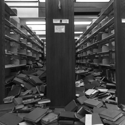 Damage to the stacks at the library at California State University, Northridge, after the Northridge Earthquake