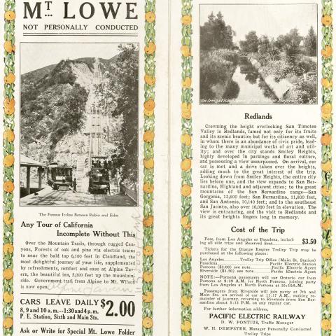Advertisement for electric tram tours of Mt. Lowe with illustration of the trams and irrigation ditch