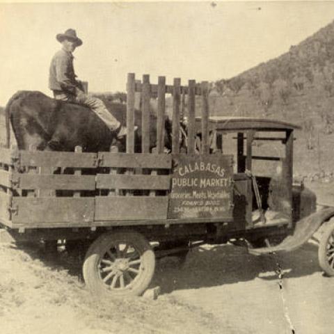 Manuel Correia, in Calabasas public market truck, from the book Land of the West Valley by Laura B. Gaye, ca. 1925, CBHS76