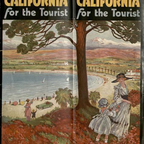 California for the Tourist brochure with a panorama illustration of redwoods, beach and farmlands