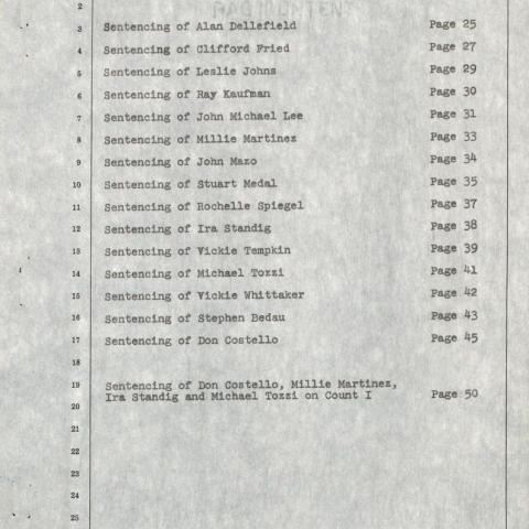 Court transcripts index page of appeals process for several SFVSC students convicted for actions taken during the November 4th occupation of the Administration Building