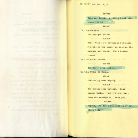 Peggy Gilbert’s lines in The Golden Girls as Esther, September 14 1988. Peggy Gilbert Collection