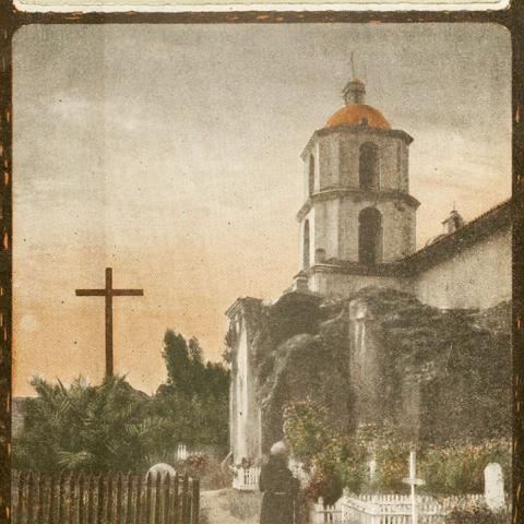 California's Old Mission Scenic Tour by Motor or Rail with photo of a monk in front of a mission