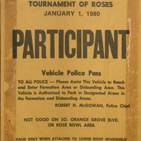 Vehicle Pass for the Tournament of Roses Rose Parade, January 1 1980. Peggy Gilbert Collection