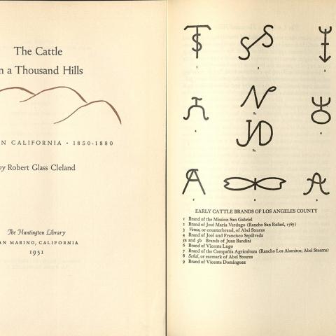 Title page and illustration of early cattle brands of Los Angeles County, The Cattle on a Thousand Hills: Southern California 1850-1880