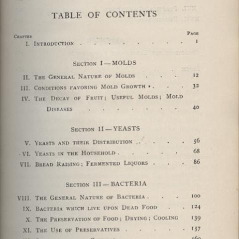 Table of Contents of Bacteria, Yeasts, and Molds in the Home, 1903