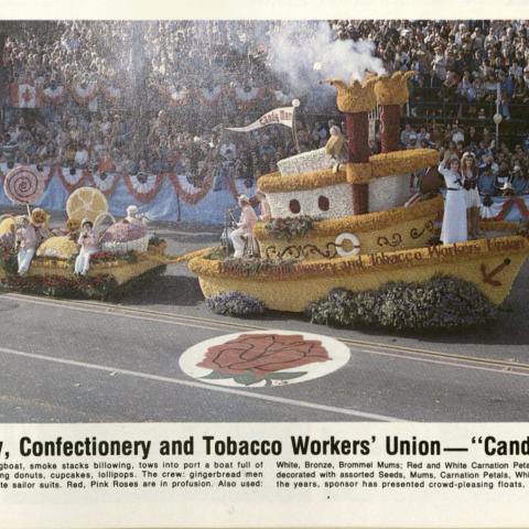 Peggy Gilbert performing on a float in the Rose Parade, January 1 1980. Peggy Gilbert Collection