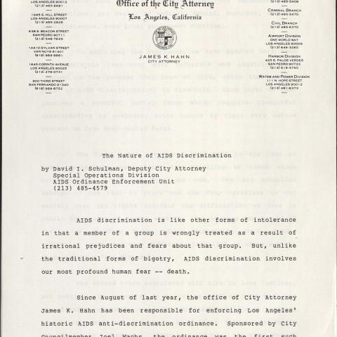“The Nature of AIDS Discrimination” by Deputy City Attorney. Vern L. Bullough Papers