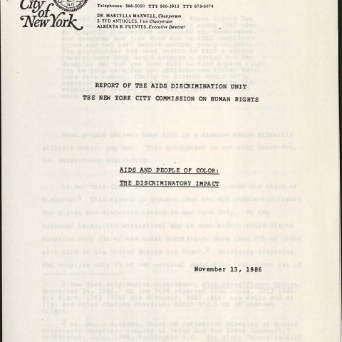 “AIDS and People of Color: The Discrimination Impact”, November 13, 1986. Vern L. Bullough Papers