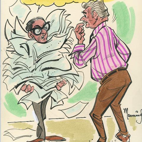 Cartoon illustration by Del Manning from Chase Craig’s retirement scrapbook, 1975, Chase Craig Collection, Box 37.