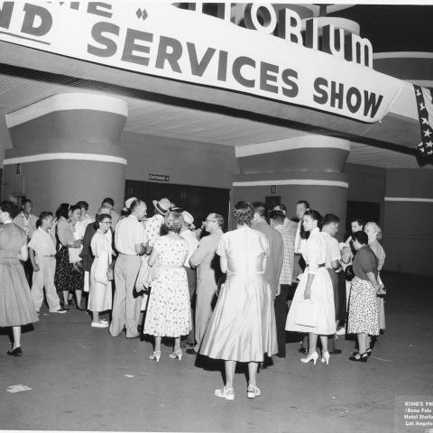 Folks waiting to enter the inaugural 1955 Union Products and Services Show at the Pan Pacific Auditorium 