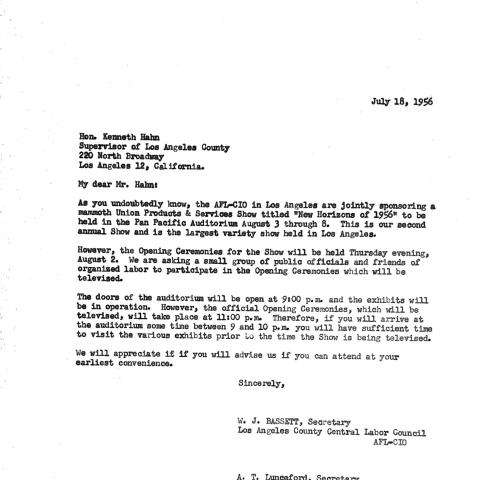 Judge Kenneth Hahn's invitation to the televised opening ceremonies of the 1956 Union Products and Services Show