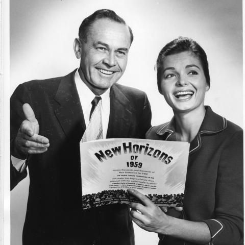 Actress Linda Hutchings and LACFL Executive Secretary William J. Bassett promoting the 1959 Union Products and Services Show