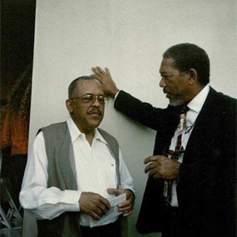 Photograph, Bobby Bradford and Morgan Freeman socializing at a Double M Jazz Salon, 1996