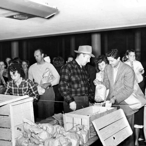 International Association of Machinists, District Lodge 727, cooperative market on Lockheed property at Hollywood Way and Thornton Avenue.  Marie McNett and business representative Tom McNett, both in plaid shirts, Burbank, 1948, ID: IAM116