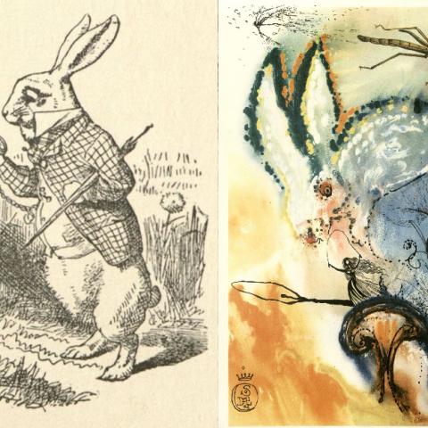 Side-by-side, John Tenniel and Salvador Dalí’s drawings from chapter 1, Down the Rabbit Hole in Alice‘s Adventures in Wonderland (1904) PZ7.D664 A36 1904 and Alice’s Adventures in Wonderland (1969) PR4611 .A7 1969