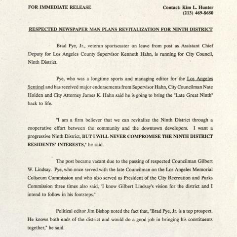 Press release, Respected Newspaper Man Plans Revitalization for Ninth District, ca. 1991