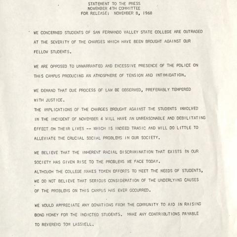 Statement by Dr. Paul Blomgren, acting president San Fernando Valley State College, regarding Nov 4, 1968