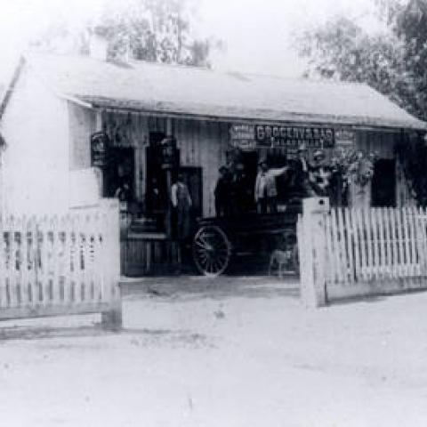 Grocery & Bar, owned by Jacques La Salle, near Rancho Los Encinos. Served as inn, tavern, general store, Encino, ca. 1880-1899, ID: RLE04