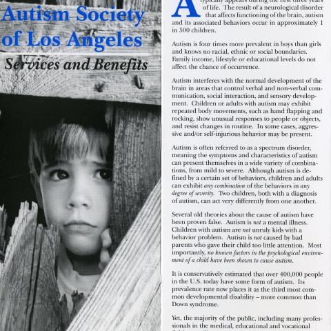 Two adjacent pages of an informational pamphlet from the Autism Society of Los Angeles describes autism as a developmental disability.