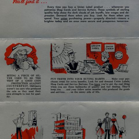 Cartoon advocating for Union Label and fair-practice patronage