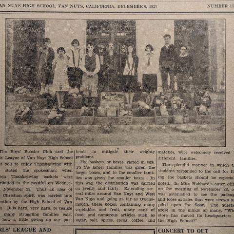 Boys' Booster Club and the Girls' League of Van Nuys High School Thanksgiving basket distribution, Van Nuys Mirror, December 6, 1927 Van Nuys High School Newspaper Collection