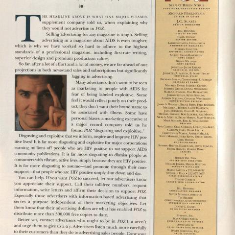Letter from the Editor about advertiser discrimination, Poz Magazine, 1994. RC607 .A26 P69