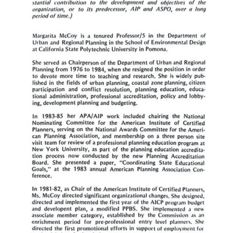 Distinguished Service Award description from American Planning Association, California Chapter, 1985. Box 23, folder 2.