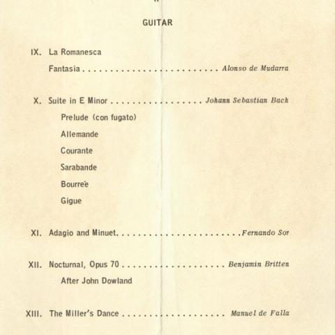 A program of Julian Bream on April 8, 1965. Vahdah Olcott-Bickford Collection