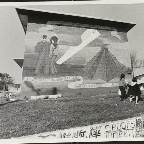Estrada Courts Chicano Murals, 1973, photograph by Fitzgerald Whitney, Frank del Olmo Collection